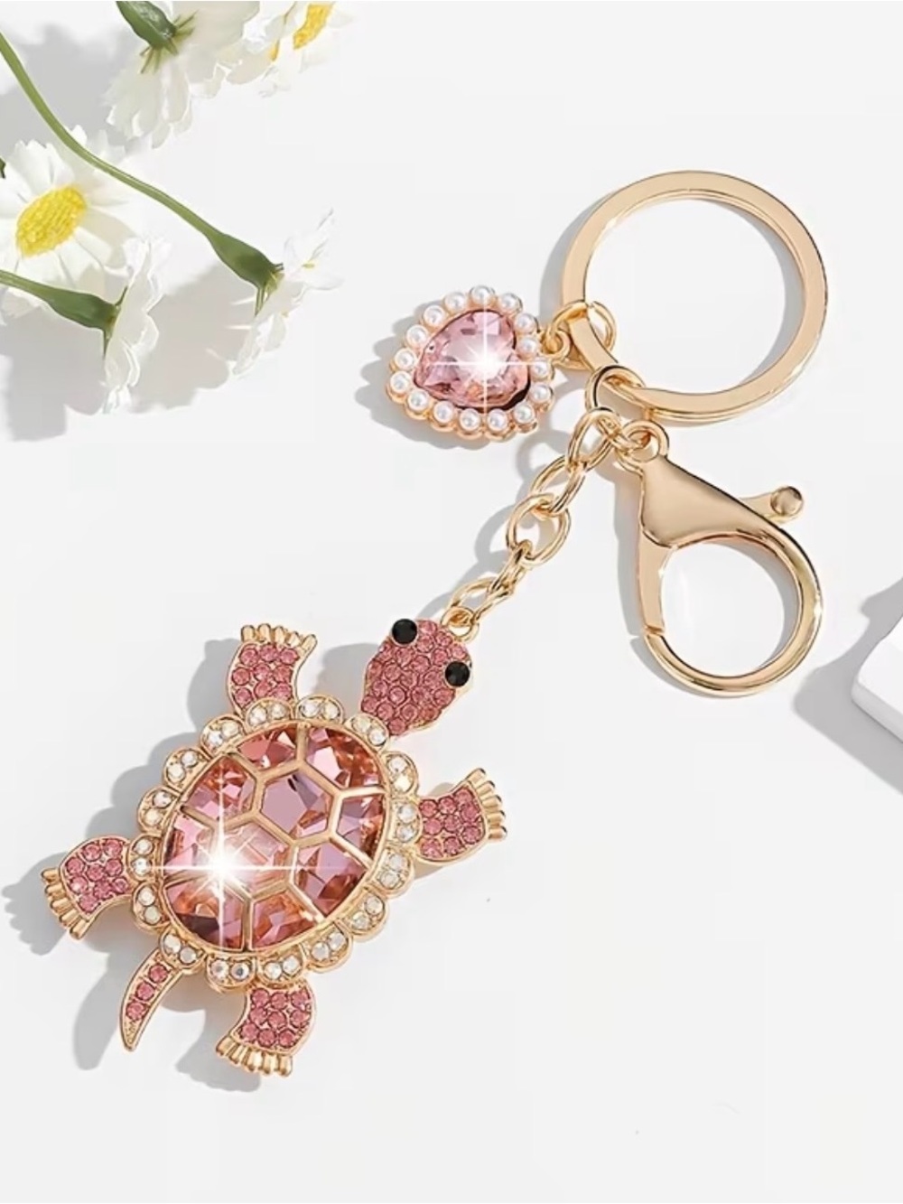 Gold-Tone Pink Crystal Turtle Keychain Charm